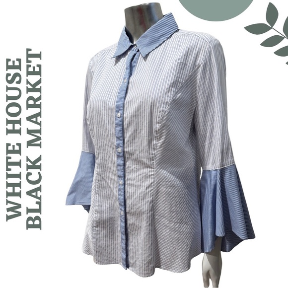 White House Black Market Bell Sleeve Striped Button Front Blouse Top Size 14 - Picture 2 of 7